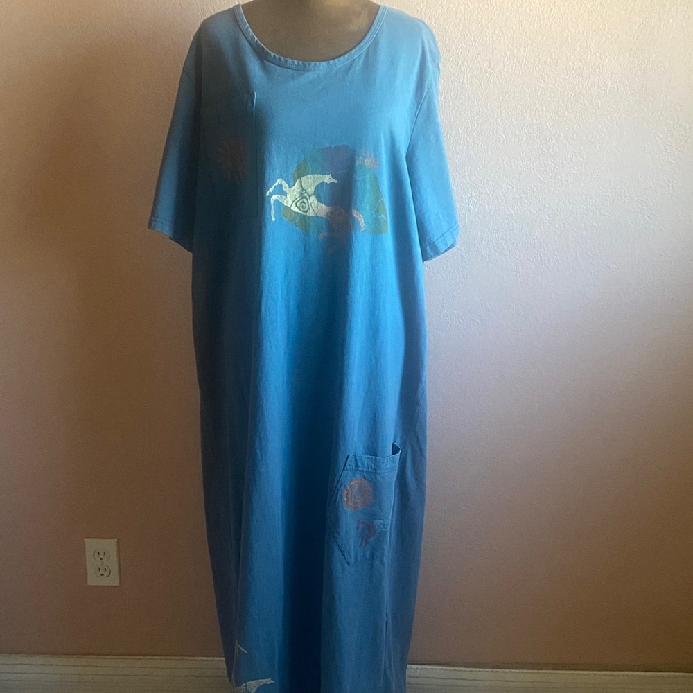 CHARLOTTE 100% Cotton Blue Graphic Maxi Dress with Pocket